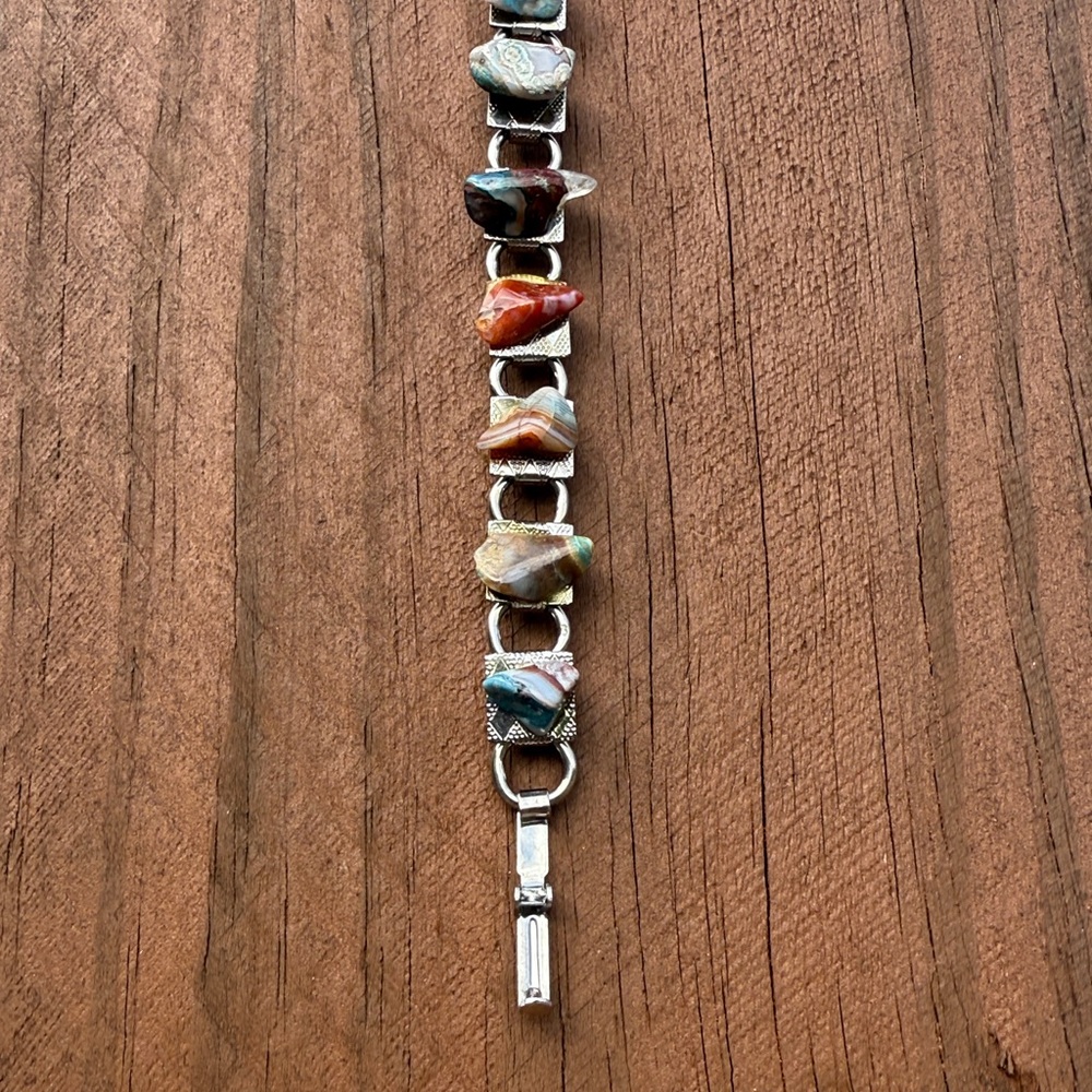 Vintage Scottish Pebble Agate Elegant Stone Silver Bracelet - Picture 10 of 11
